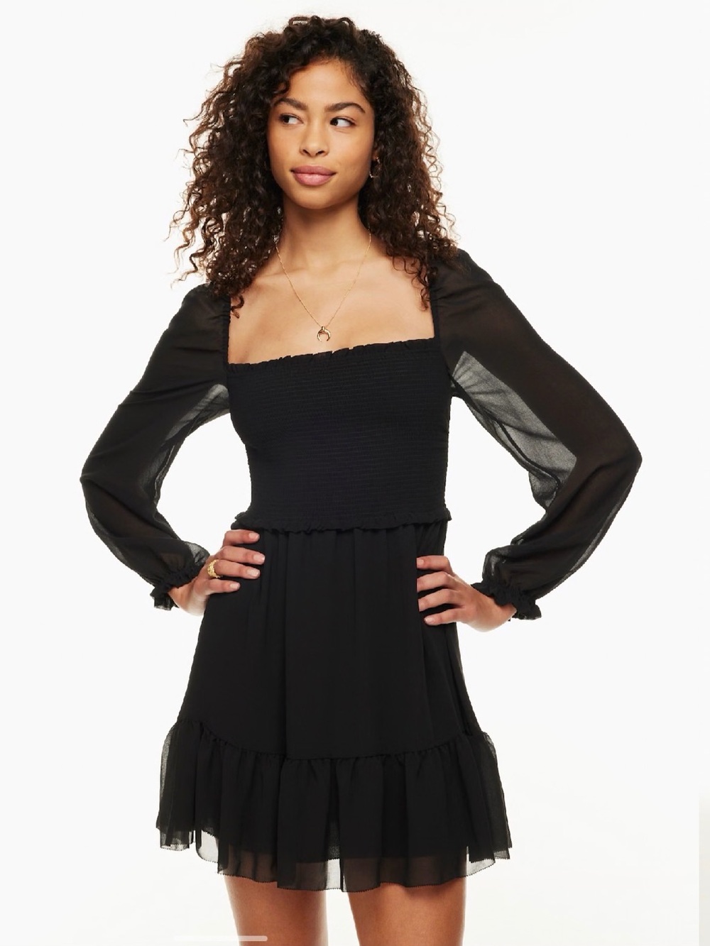 Wilfred Black Smocked Bodice Sheer-Sleeve Mini Dress